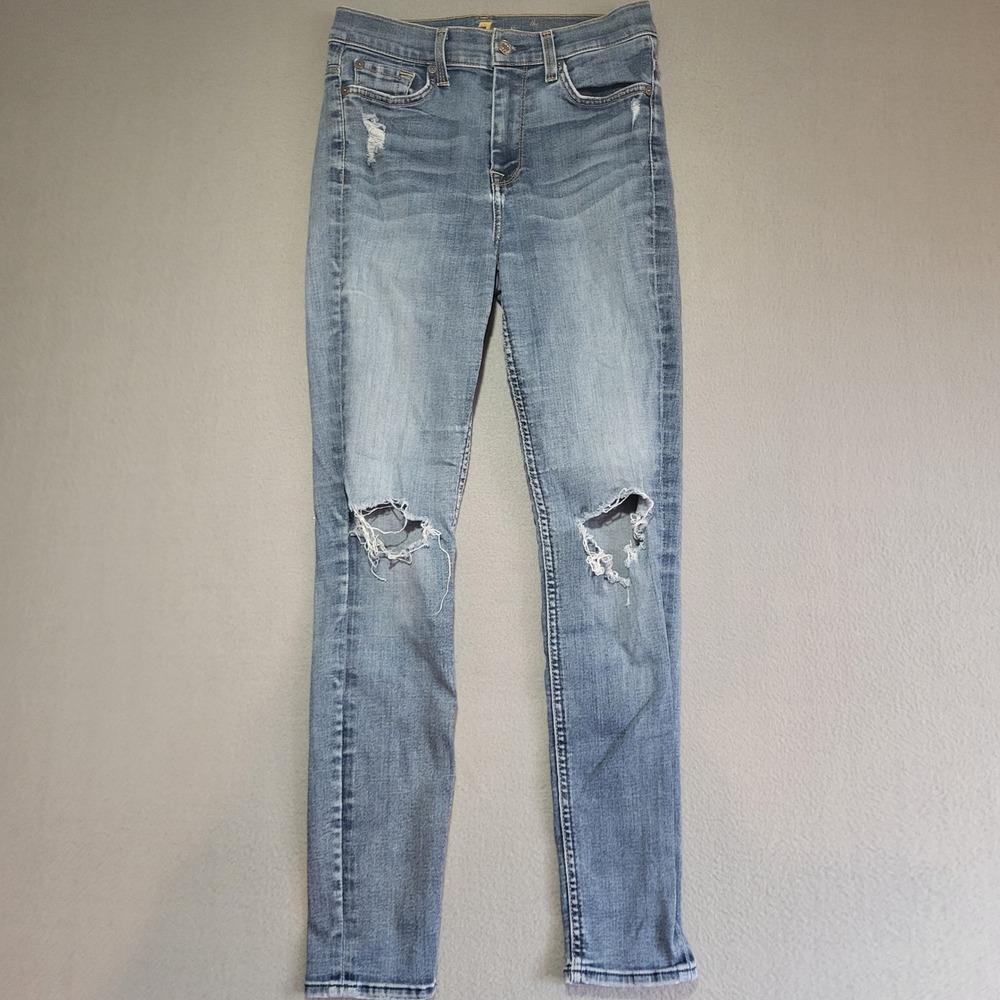 7 For All Mankind High Waist Ankle Skinny Jeans Light Wash Distressed Blue 27